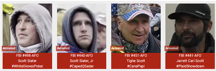 SeditionHunters's tweet photo. Scott Slater #WhiteGloves Poker, Scott Slater Jr, #CapedQSader, Tighe Scott, #CanePapi and Jarrett Carl Scott #PlaidShowdown ARRESTED https://t.co/BTfEd3j233 https://t.co/fouPdxEDfl