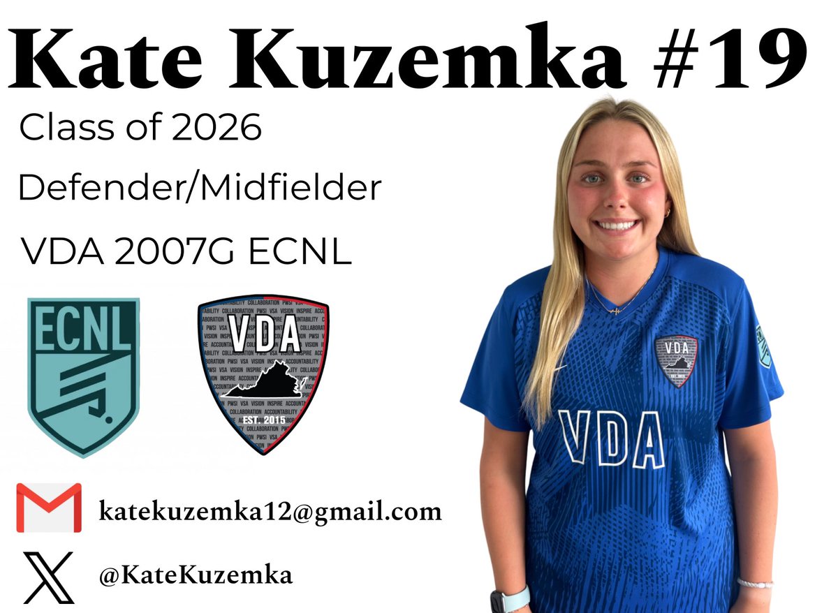 Kate Kuzemka (@katekuzemka) on Twitter photo I’m very excited to announce that I will be joining VDA 2007 ECNL. I can’t wait to get back on the field with my new team this summer! <a href="/bobbypup/">Bobby Puppione</a> <a href="/vdasoccer/">Virginia DevAcademy</a> <a href="/ImYouthSoccer/">ECNL/GA/Recruiting/College Soccer</a> <a href="/TopDrawerSoccer/">TopDrawerSoccer</a> I’m very excited to announce that I will be joining VDA 2007 ECNL. I can’t wait to get back on the field with my new team this summer! <a href="/bobbypup/">Bobby Puppione</a> <a href="/vdasoccer/">Virginia DevAcademy</a> <a href="/ImYouthSoccer/">ECNL/GA/Recruiting/College Soccer</a> <a href="/TopDrawerSoccer/">TopDrawerSoccer</a>