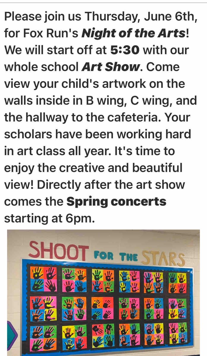 Please join us tomorrow night for Fox Run’s Night of the Arts! The art show will begin promptly at 5:30 PM. Come view your child’s artwork on all of the walls of Fox Run’s hallways. #studentart #foxrunartists