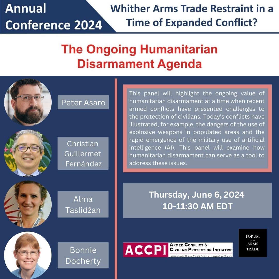 ForumArmsTrade (@forumarmstrade) on Twitter photo Join us tomorrow @ 10 AM EDT for the last event of our #2024annualconference. Register here us02web.zoom.us/webinar/regist… to hear insights from <a href="/PeterAsaro/">Peter Asaro</a>, Christian Guillermet Fernández, & <a href="/alma_osta/">Alma Taslidžan</a>, on the ongoing humanitarian #disarmament agenda moderated by <a href="/bonnie_docherty/">Bonnie Docherty</a>. Join us tomorrow @ 10 AM EDT for the last event of our #2024annualconference. Register here us02web.zoom.us/webinar/regist… to hear insights from <a href="/PeterAsaro/">Peter Asaro</a>, Christian Guillermet Fernández, & <a href="/alma_osta/">Alma Taslidžan</a>, on the ongoing humanitarian #disarmament agenda moderated by <a href="/bonnie_docherty/">Bonnie Docherty</a>.