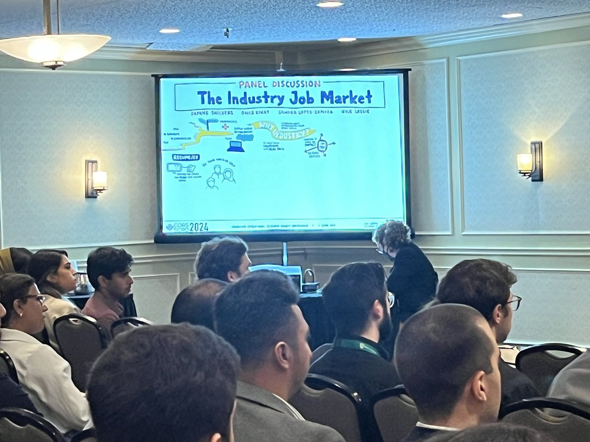 Panel Discussion on the Industry Job market at #CORS2024 is a popular session, and our graphic recorder is once again busy summarizing the insights!
