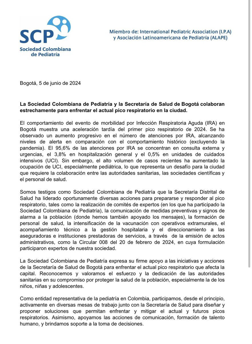SCPNacional's tweet photo. La Sociedad Colombiana de Pediatría y la Secretaría de Salud de Bogotá colaboran estrechamente para enfrentar el actual pico respiratorio en la ciudad.

Reafirmamos nuestro compromiso con la salud infantil y nuestra disposición para colaborar estrechamente. https://t.co/W3bze02XZQ