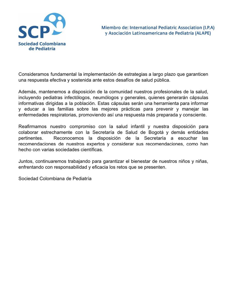 SCPNacional's tweet photo. La Sociedad Colombiana de Pediatría y la Secretaría de Salud de Bogotá colaboran estrechamente para enfrentar el actual pico respiratorio en la ciudad.

Reafirmamos nuestro compromiso con la salud infantil y nuestra disposición para colaborar estrechamente. https://t.co/W3bze02XZQ