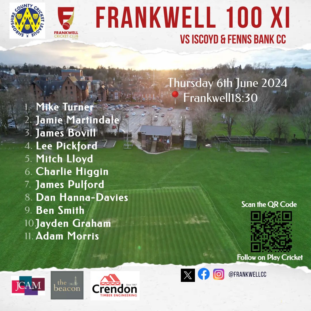 🚨MEADONS CHALLANGE 100 TEAM NEWS🚨

Thursday 6th June 18:30 at Frankwell CC 📍

Frankwell Cricket Club vs Iscoyd &amp; Fenns Bank CC

#frankwellcc #forzafrankwell #100pints