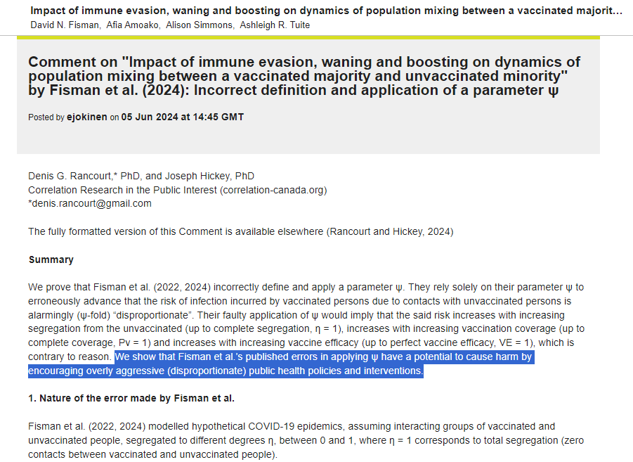 denisrancourt's tweet image. Our report with @josephmhickey about the bad science introduced by Fisman et al., and the potential for the Fisman et al. errors to cause significant harm, today was posted as a Comment at the journal:
journals.plos.org/plosone/articl…