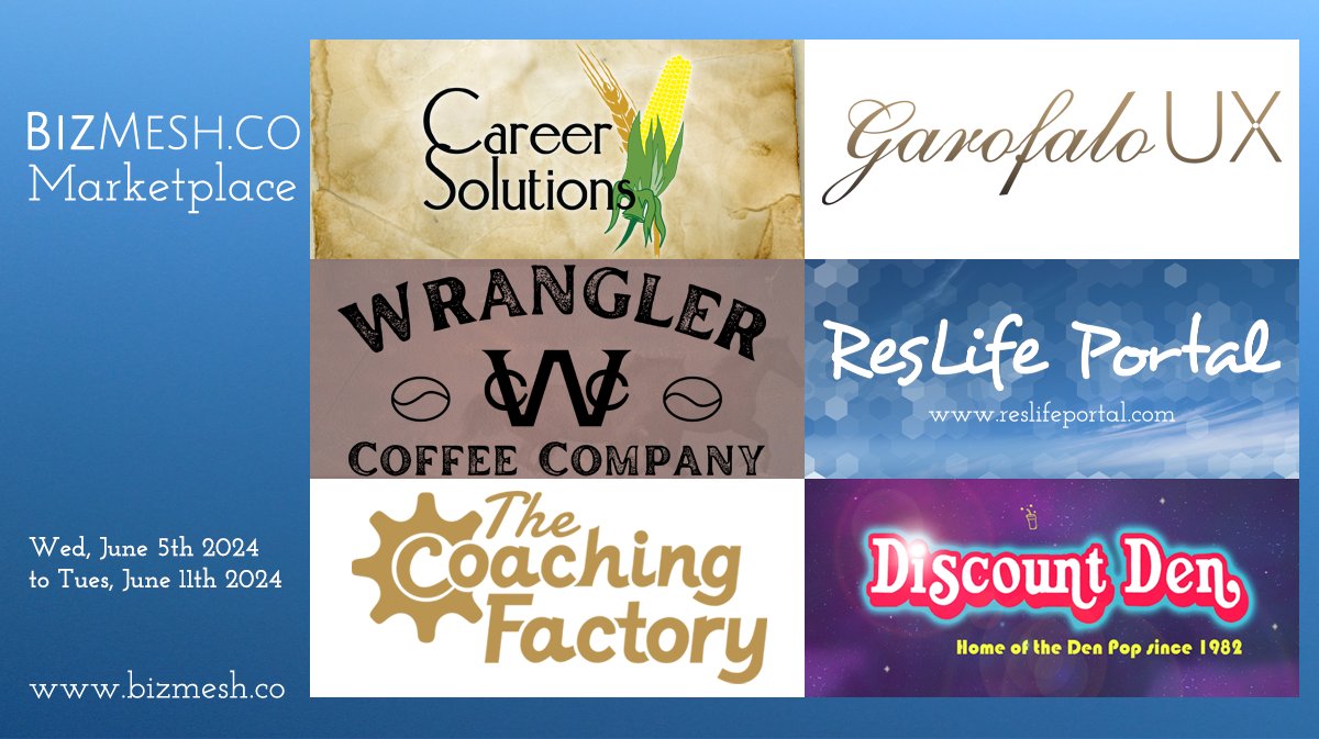 bizmesh's tweet photo. Weekly Marketplace! Check out Career Solutions Co., Garofalo UX, Wrangler Coffee Company, ResLife Portal, The Coaching Factory, &amp; Discount Den. https://t.co/8H9mdpg7EL #entreprenuer #entreprenuership #smallbiz #smallbusiness #BizMesh #MeshTogether #supportsmallbusinesses https://t.co/u3yrRD5lJk