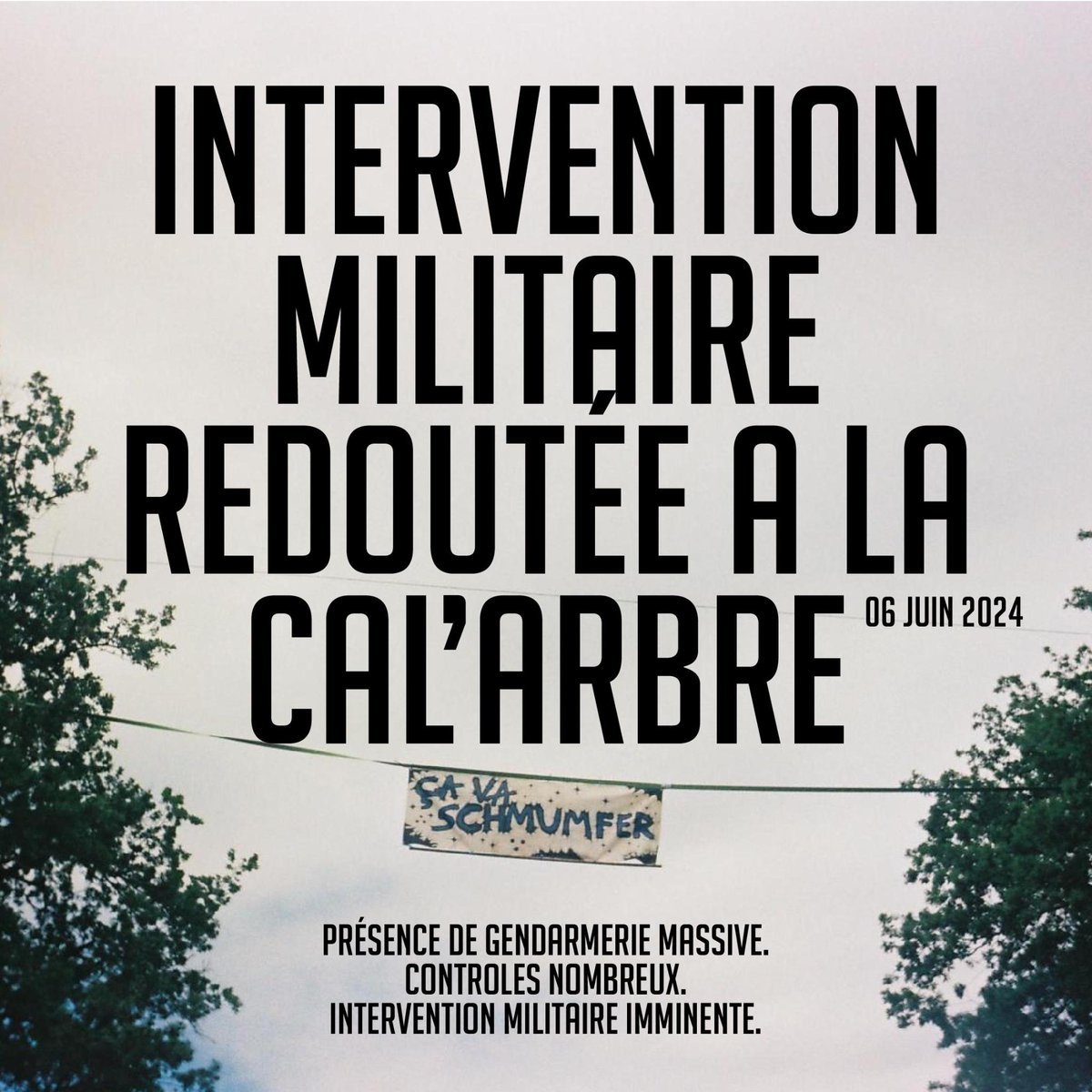 lessoulevements's tweet photo. Intervention militaire imminente à la Cal'Arbre // Rejoignez la ZAD !

Les occupant•es de la ZAD de la Cal'Arbre contre l'#A69 signalent une forte présence de gendarmes sur place et redoute une intervention imminente.

Voici leur communiqué et appel à rejoindre la ZAD 🧶⤵️

1/9 https://t.co/N6OWFc1Je6