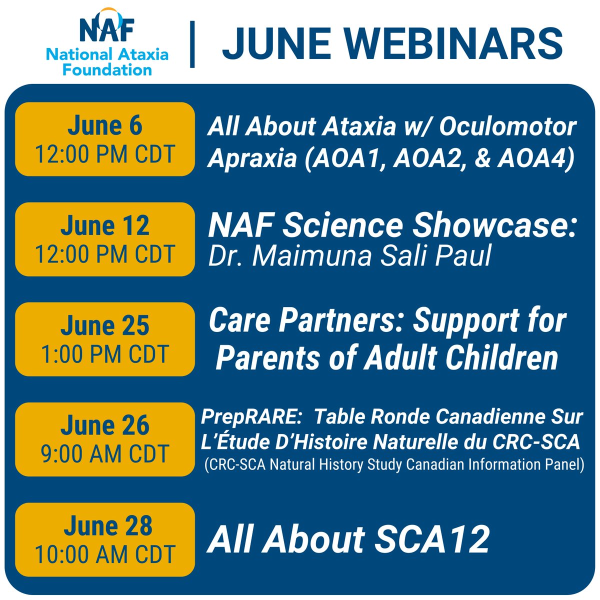 National Ataxia Foundation (@naf_ataxia) on Twitter photo We have five different webinar opportunities in June! Join us this month to learn about a variety of topics. You can register below!
All About AOA- us02web.zoom.us/webinar/regist…
NAF Science Showcase w/ Dr. Maimuna Sali Paul- us02web.zoom.us/webinar/regist… (1/2) We have five different webinar opportunities in June! Join us this month to learn about a variety of topics. You can register below!
All About AOA- us02web.zoom.us/webinar/regist…
NAF Science Showcase w/ Dr. Maimuna Sali Paul- us02web.zoom.us/webinar/regist… (1/2)