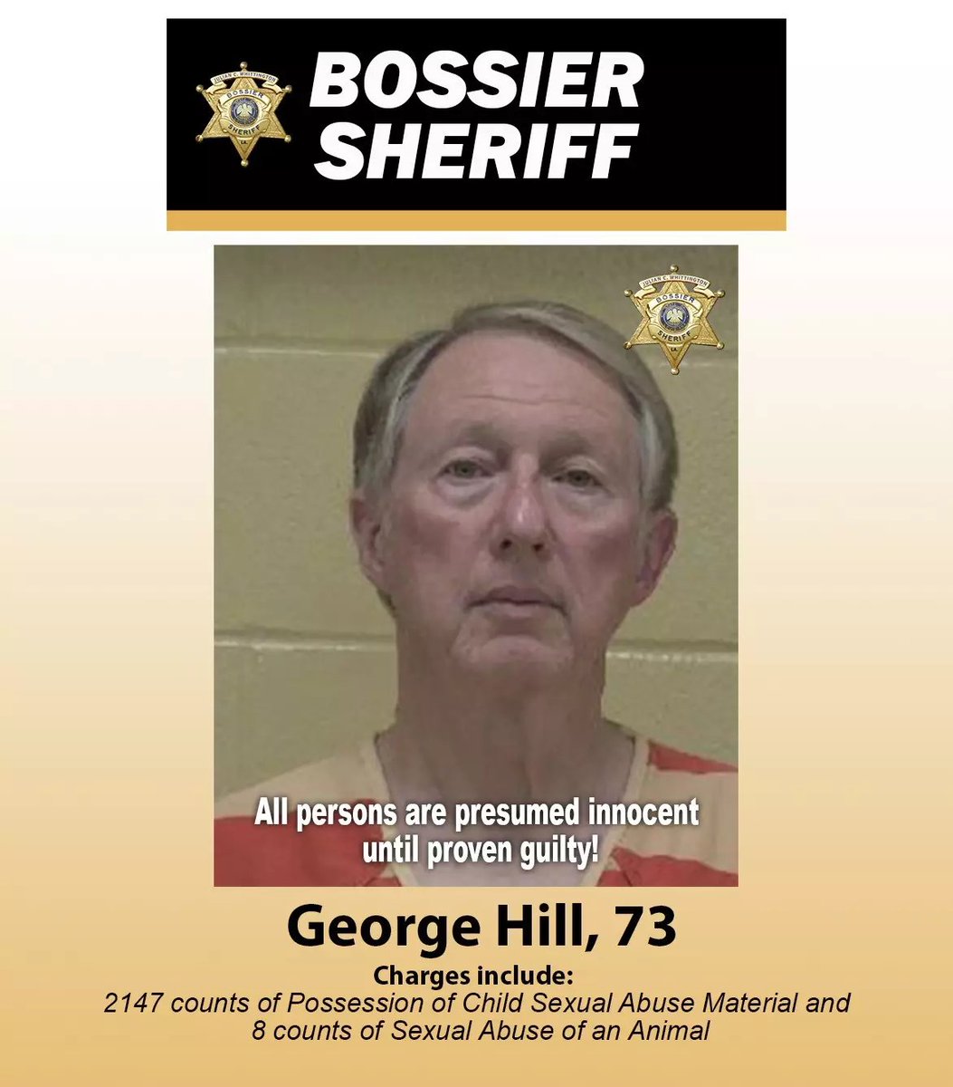 AnOpenSecret's tweet image. George Hill is a retired CHILD PSYCHOLOGIST in Bossier City, LA.

Arrested for 2147 counts of possessing child s*x abuse material, 8 counts of s*xual abuse of an animal.