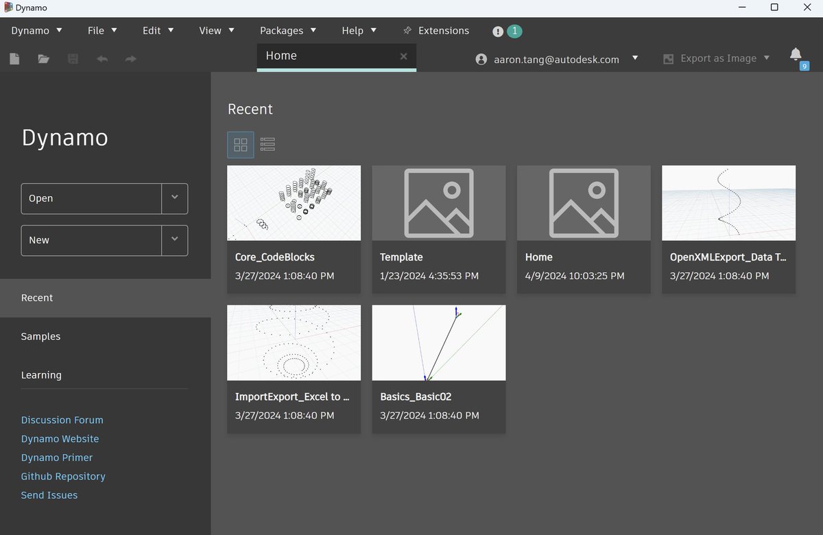 QilongTang's tweet photo. Today we enabled new @DynamoBIM  Home on latest daily builds v3.2.0 and beyond 🎉 Come check out your brand new go-to home page hosting your recent files, samples, learning content with a switch between Grid/List view. https://t.co/d638DJDsNq