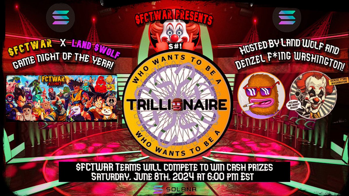 Join the Big Red Fam this Saturday @ 6pm EST for a round of "Who Wants To Be A Trillionaire" hosted by <a href="/landwolfsol_cto/">Land Wolf on Sol</a> x <a href="/fctwarofficial/">Fuck Community Takeovers We Ain't Ruggin</a>. 

Details in quoted tweet!