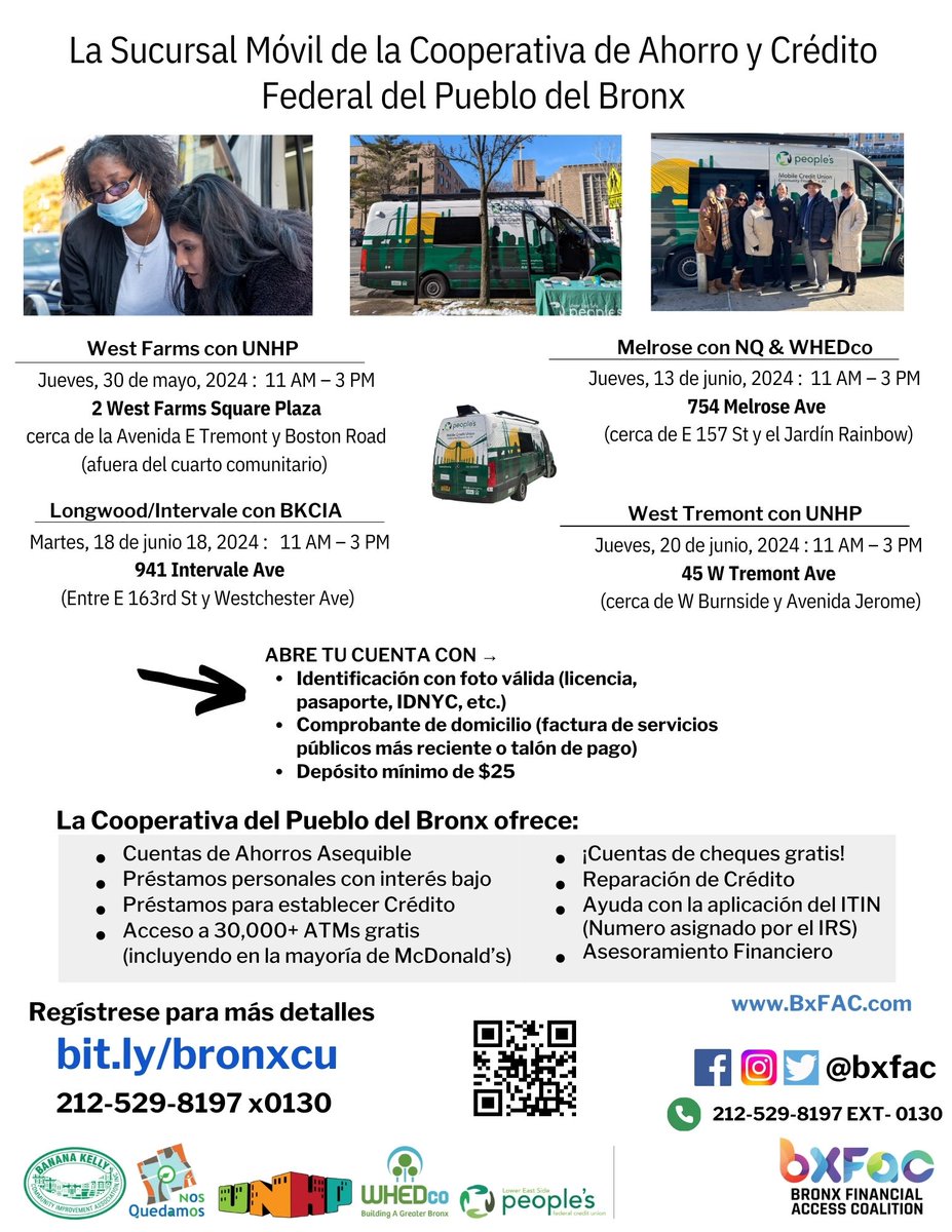 Pasa por nuestra Banco Móvil este mes. 🚐💨

¡Toma tus finanzas en tus propias manos! 

 Regístrate para más información en bit.ly/bronxcu o llama al 212-529-8197 x0130