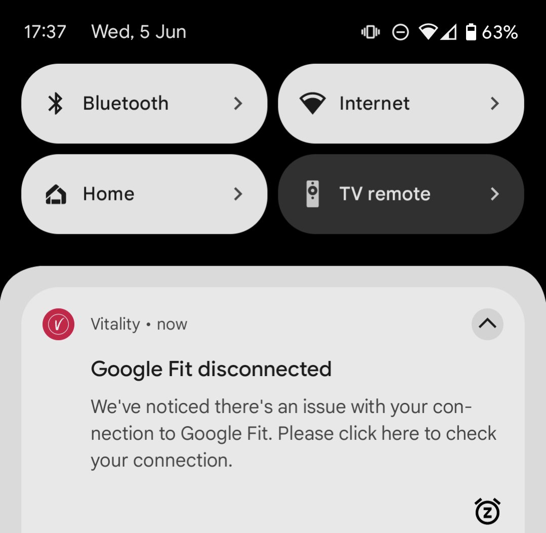 robertmcc's tweet photo. @pkccchapman @Vitality_UK Same here no activity points updates getting multiple vitality notifications stating the Google Fit is disconnected when it is not. https://t.co/wF6GEkFczO