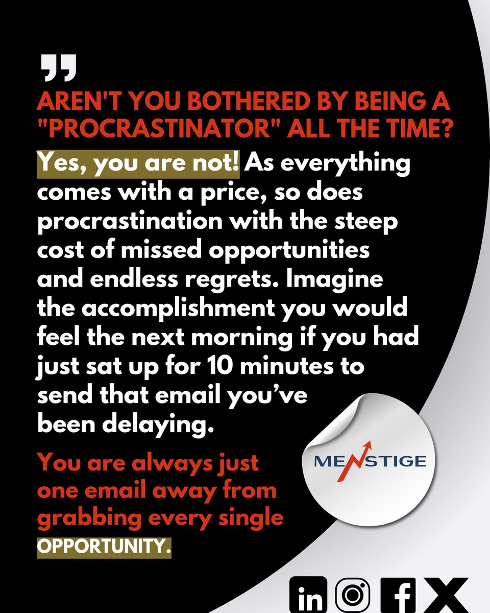 menstige's tweet photo. Aren’t you bothered by being a procrastinator all the time? Yes, you are not! As everything comes with a price, so does procrastination with the steep cost of missed opportunities and endless regrets. https://t.co/GmpV8spaLg