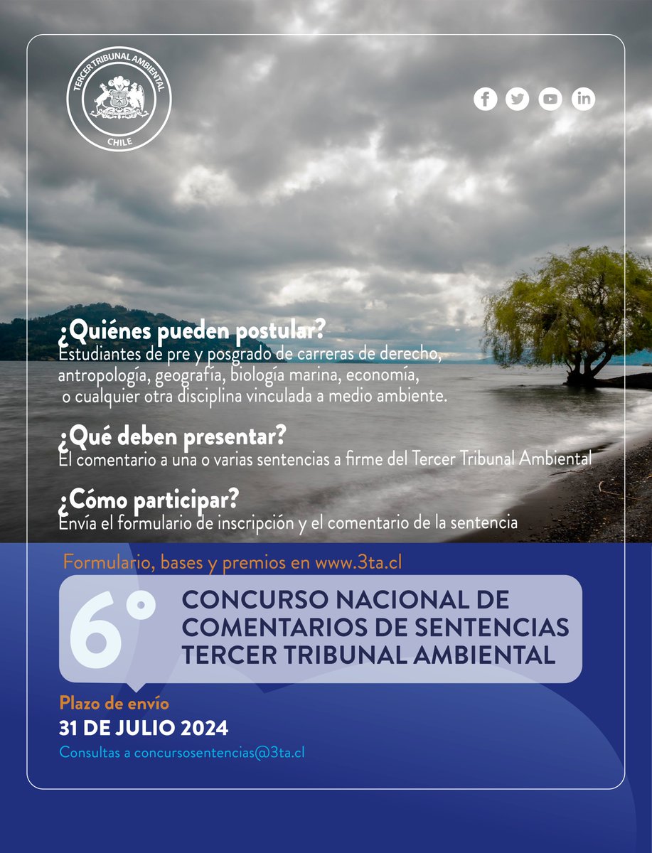 3tacl's tweet photo. [CONCURSO] @3tacl abrió postulaciones para el Concurso de Comentarios de Sentencias

🔎Plazo de envío: #31dejulio2024

🔵 ¿Cómo participar? 👇
https://t.co/ExMiaRv7TP

🔎Consultas a comunicaciones@3ta.cl
#TribunalesAmbientales
#JusticiaAmbiental
#3TA https://t.co/d9UaSVwROR