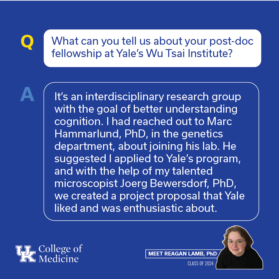 UKYMedicine's tweet photo. Meet Reagan Lamb, PhD, first in her family to pursue a PhD. Her UK journey has now landed a postdoc at @WuTsaiYale where she'll dive into interdisciplinary research on cognition. We're proud of Dr. Lamb and can't wait to see her impact on #neuroscience #FutureScientists #GoCats https://t.co/p6d8zOtqTy