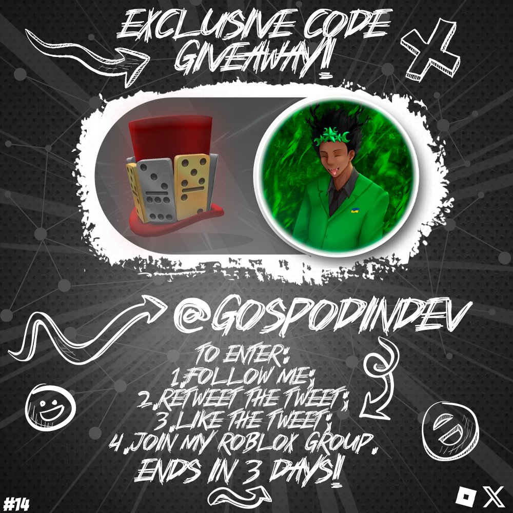 gospodindev's tweet image. 👋Hello guys!✨Exclusive code drop!
📌Item: Extra Domino Top Hat!
To participate, u must:
➤Follow/Retweet/Join my Roblox group.
🍀Good luck everyone!
⏱️Ends in 3 days!
❗Write your usernames below :3
#robloxgiveaway #robloxgiveaways #robloxtoycode