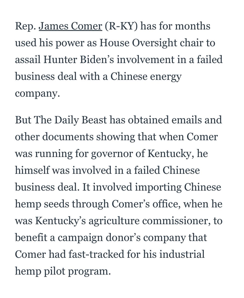 Uhhhhhh

The Daily Beast found emails and documents that show James Comer was involved in a secret Chinese business deal to benefit a campaign donor when he was Agriculture Commissioner

thedailybeast.com/james-comer-he…