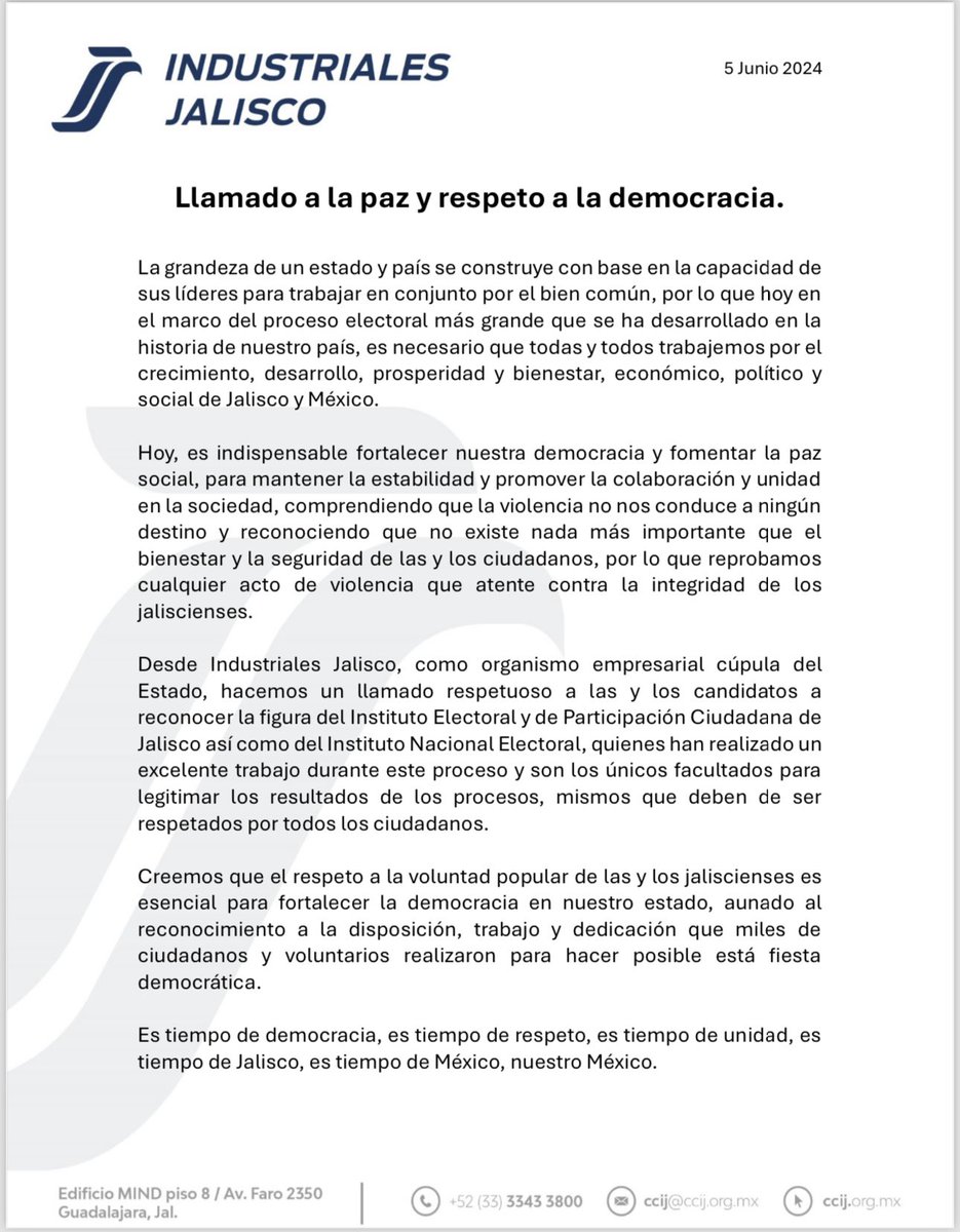 CCIJalisco's tweet photo. Hoy, es indispensable fortalecer nuestra democracia y fomentar la paz, comprendiendo que la violencia no nos conduce a nada y reconociendo que no existe nada más importante que el bienestar y la seguridad de las y los ciudadanos. #PorJaliscoPorTodos 

@iepcjalisco @INEMexico https://t.co/6zcG148029