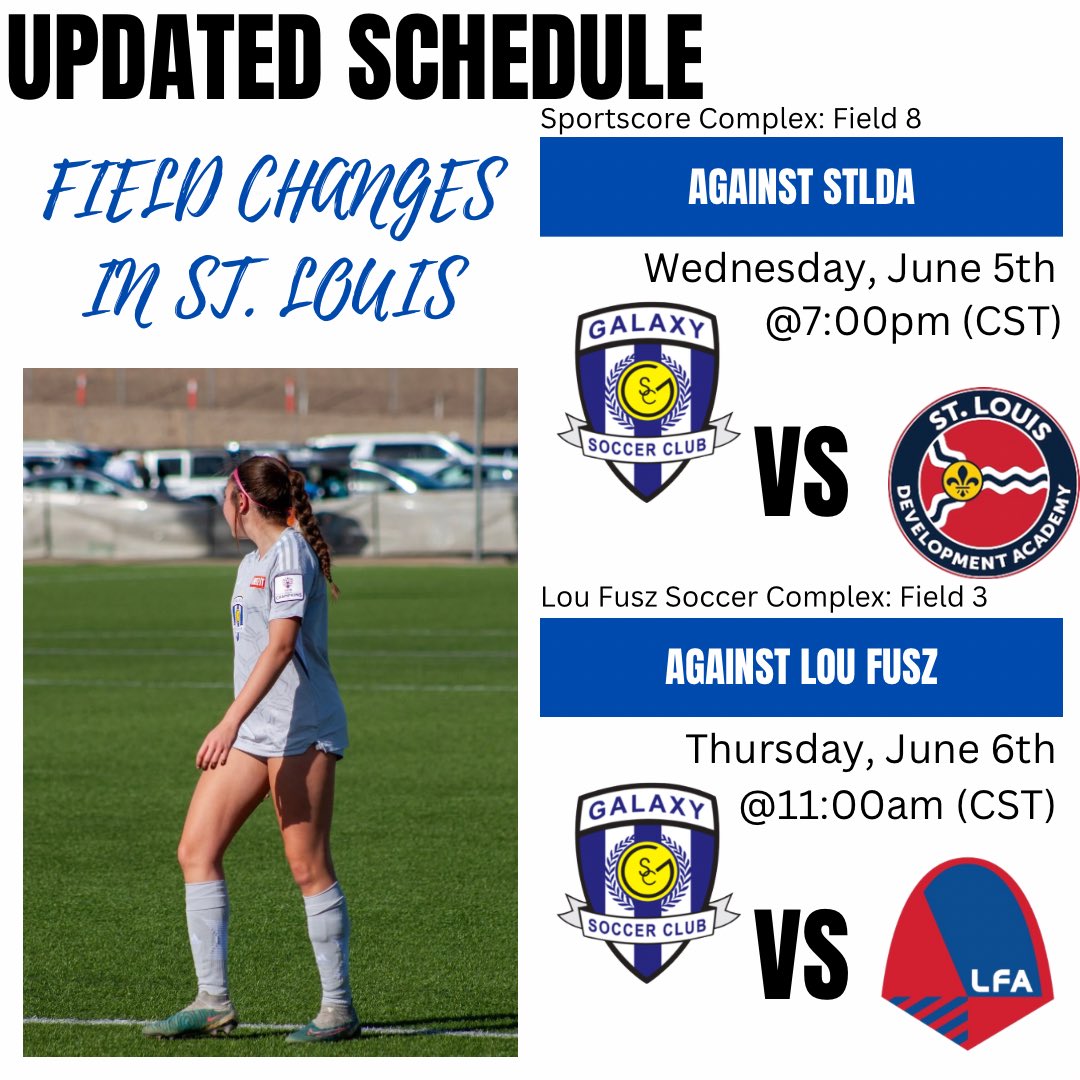 Allessandra Russo (@allessandrar18) on Twitter photo FIELD CHANGE‼️
Our field numbers changed, but times and locations are still the same!
<a href="/GalaxySCIL/">Galaxy Soccer Club</a>
<a href="/GAcademyLeague/">Girls Academy</a>
<a href="/TopDrawerSoccer/">TopDrawerSoccer</a> <a href="/PrepSoccer/">Prep Soccer ⚽️</a> <a href="/ImYouthSoccer/">ECNL/GA/Recruiting/College Soccer</a> <a href="/TheSoccerWire/">SoccerWire</a> FIELD CHANGE‼️
Our field numbers changed, but times and locations are still the same!
<a href="/GalaxySCIL/">Galaxy Soccer Club</a>
<a href="/GAcademyLeague/">Girls Academy</a>
<a href="/TopDrawerSoccer/">TopDrawerSoccer</a> <a href="/PrepSoccer/">Prep Soccer ⚽️</a> <a href="/ImYouthSoccer/">ECNL/GA/Recruiting/College Soccer</a> <a href="/TheSoccerWire/">SoccerWire</a>