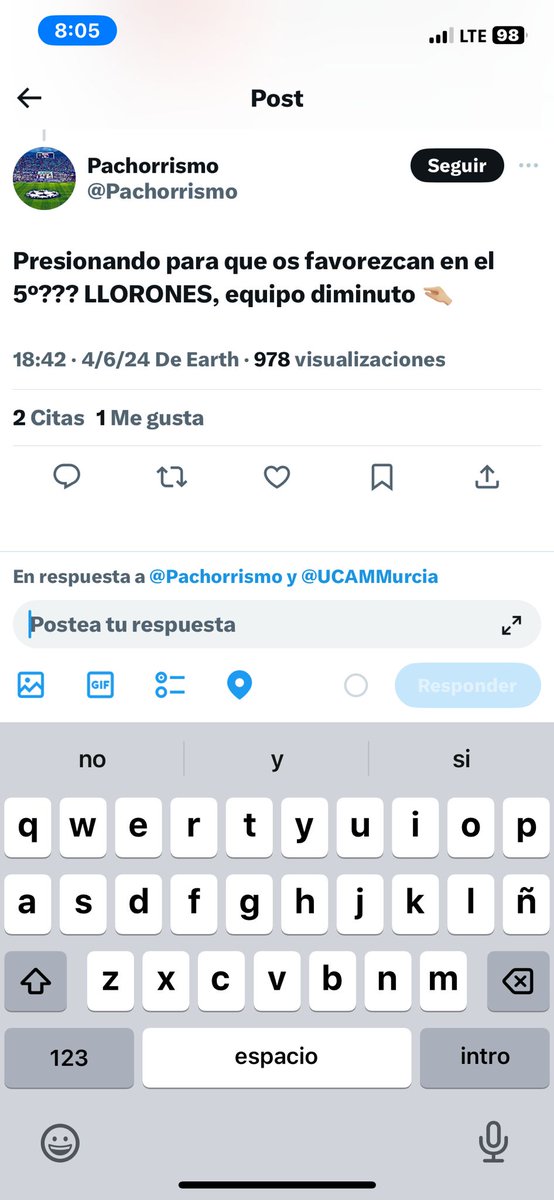 cris__mg's tweet photo. @Pachorrismo Diminuto? Ahí llevas el partido en el bolsillo. Llorón!! https://t.co/A2fOVJBLnt
