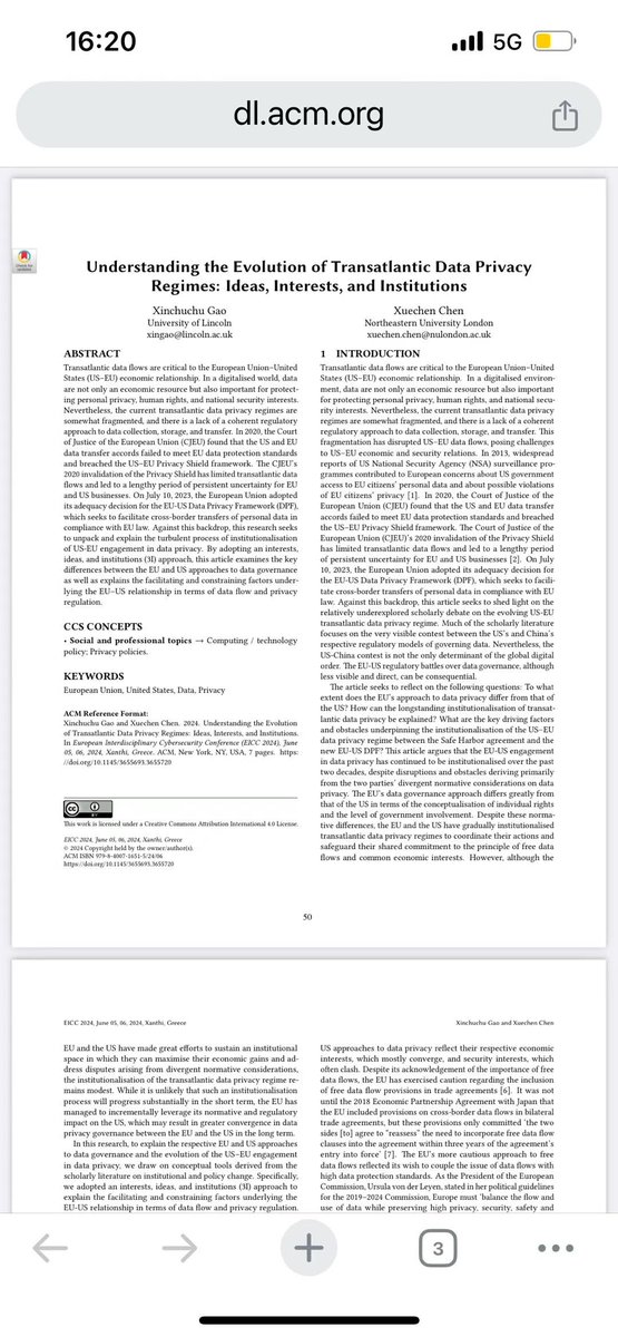 📣 Publication Day! <a href="/irischenxc1/">Xuechen Chen</a> our latest paper explores the facilitating and constraining factors underlying the EU-US relationship in terms of data flow and privacy regulation. Full article (OA) available here: dl.acm.org/doi/10.1145/36…