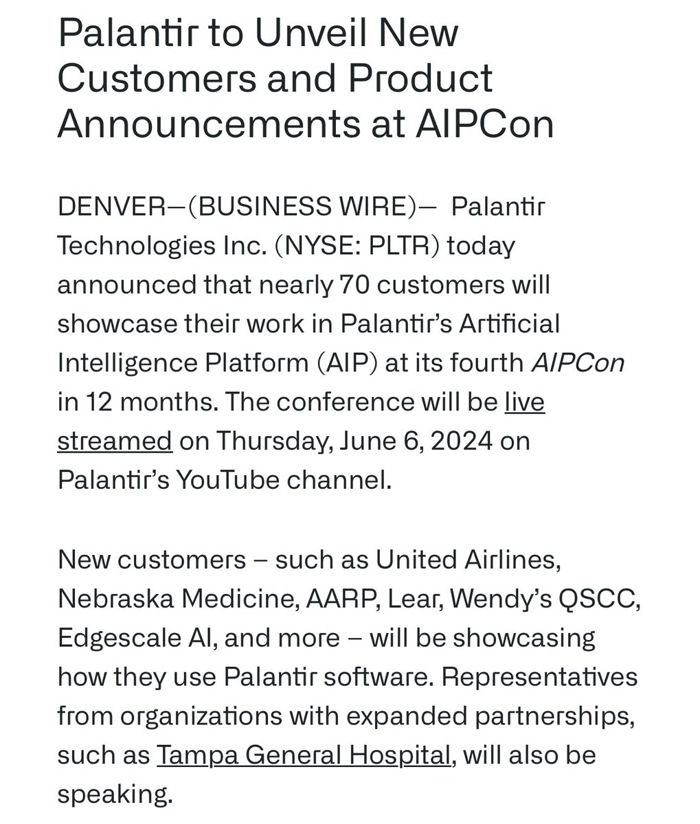 $PLTR

OH MY GOODNESS

ONE WEEK AFTER A $480M CONTRACT, PALANTIR ANNOUNCES THEIR 4TH AIPCON

LITERALLY HAPPENING TOMORROW