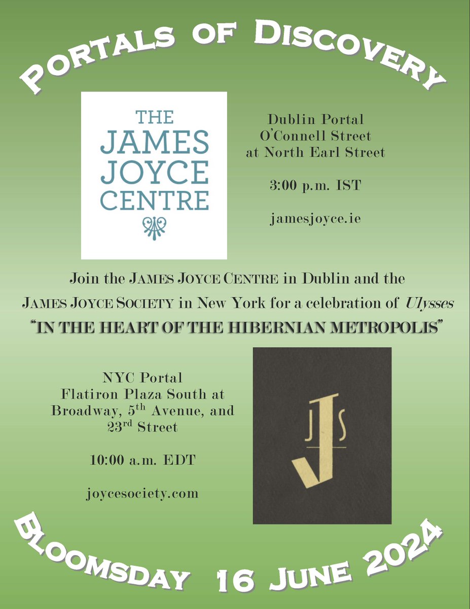 Join us and James Joyce Centre, Dublin, for a once-in-a-lifetime (so far) opportunity to celebrate Bloomsday in New York and Dublin together, via the Portal (of Discovery). A very short space of time through very short times of space. <a href="/JamesJoyceCentr/">The James Joyce Centre</a> <a href="/BloomsdayDublin/">James Joyce Centre</a> <a href="/JoyceFound/">The International James Joyce Foundation</a>