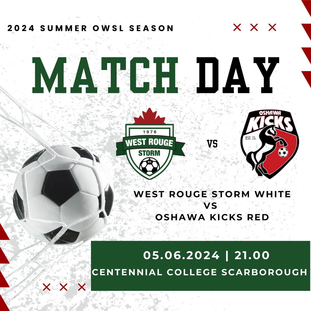 westrougesoccer's tweet photo. Ready to bring the thunder! 🏆 West Rouge Storm White vs. Oshawa Kicks Red at Centennial College Scarborough, 9 PM tonight. Let’s make it a night to remember! ⚽️ #GameNight #WRSC #soccer #summersoccer #girlssoccer https://t.co/8ThSYBxb3E