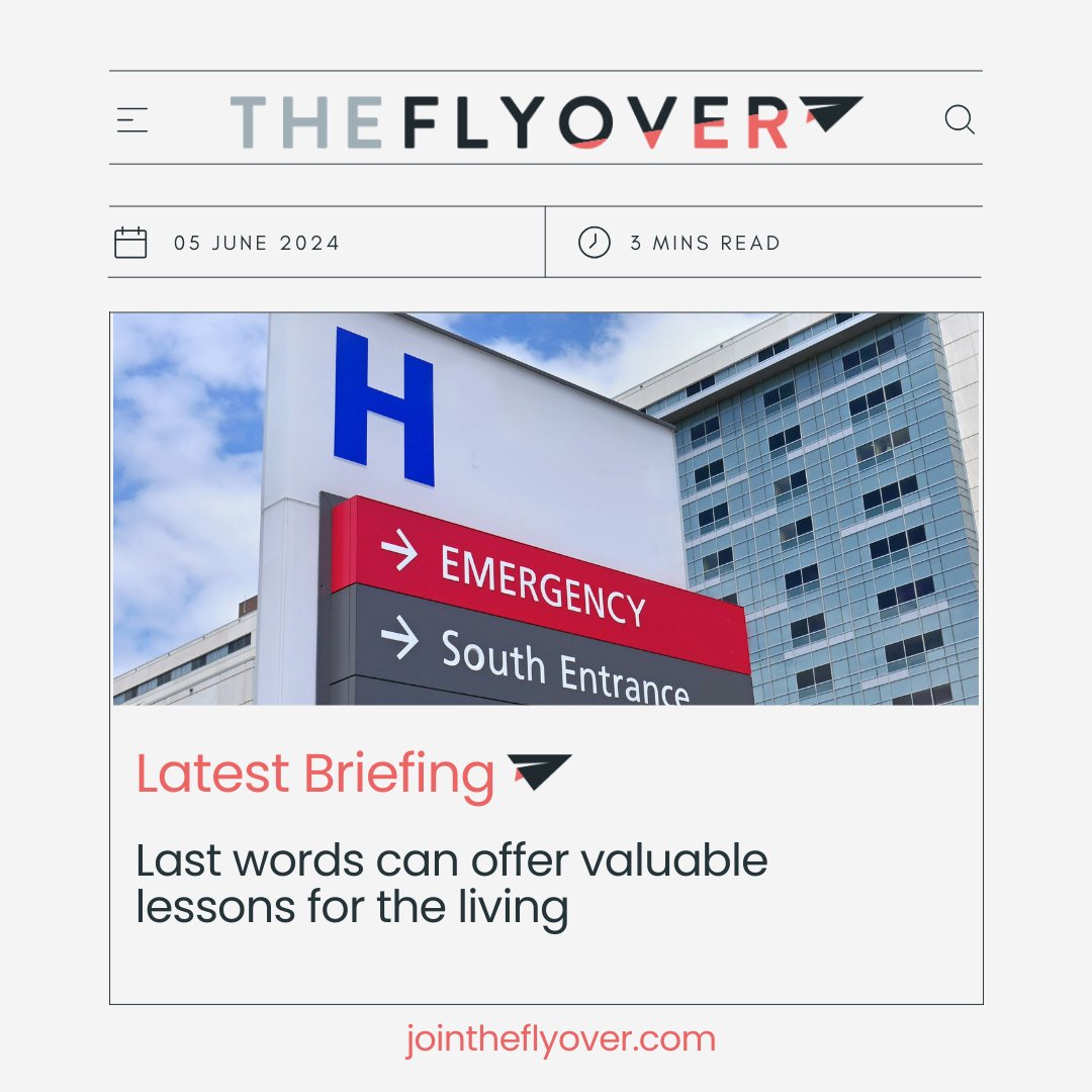 TheFlyoverNews's tweet image. A cancer doctor says the last words people speak on their deathbed offer valuable lessons for the living and fall into four main themes.

Full Story &amp;gt;&amp;gt;&amp;gt; jointheflyover.com/wednesday-june…

#jointheflyover #cancer #lastwords #lifelessons