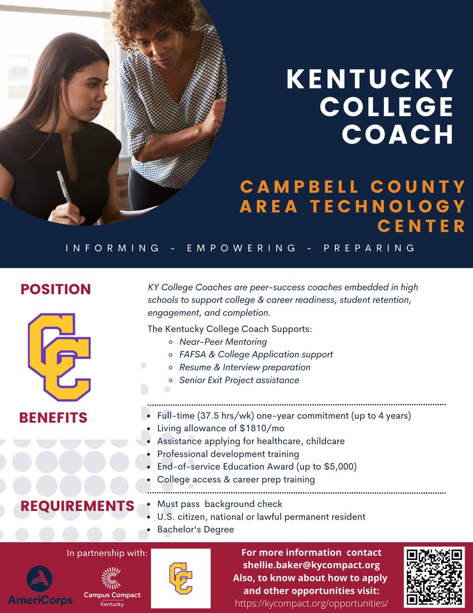 We're now hiring for a #CampbellCountyATC #KentuckyCollegeCoach! Visit kycompact.org/opportunities to learn more about this open position! #JobOpportunity #KentuckyJobs #KCC #KyCC #EngageKY #AmeriCorps #GetThingsDone #Education #CollegeAccess #StudentSuccess #CommunityImpact