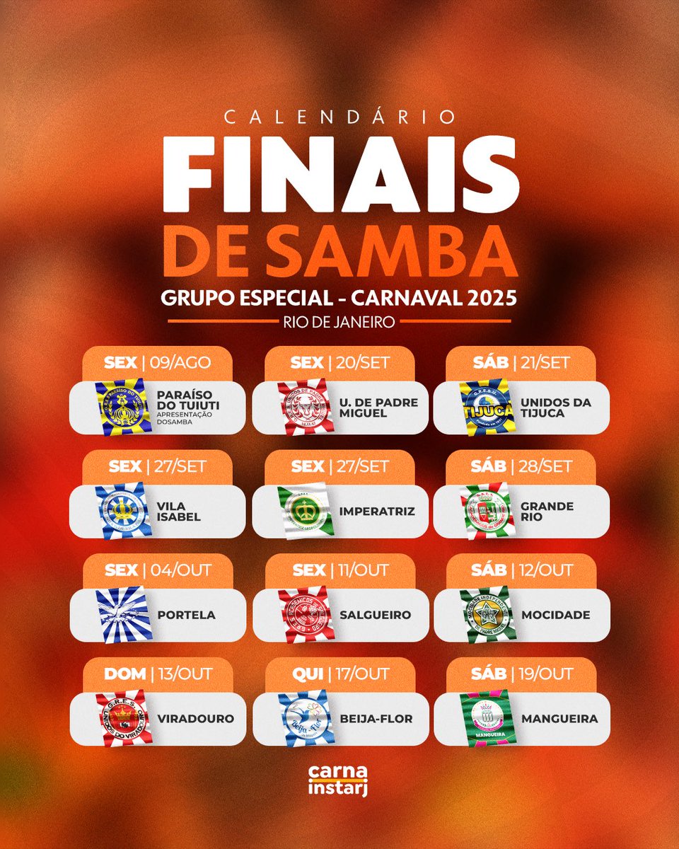 carnainstarj's tweet photo. #FinaisdeSamba2025! 🥁✨ | As escolas do Grupo já definiram as datas das finais de samba para o próximo carnaval! Confira na imagem. Apenas a Paraíso do Tuiuti que terá samba encomendado, que será apresentando em 9 de agosto.

Qual final você não irá perder? 🤩
#Carnaval2025 #Rio https://t.co/elHqXRp1ra
