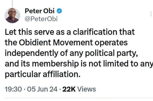 Peter Obi is my political party 
So Labour Party should be careful since they turning into APC appendage 

<a href="/PeterObi/">Peter Obi</a> just settled matter