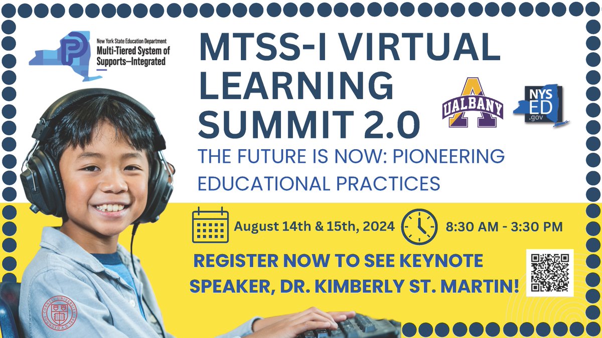 NYSEDNews's tweet photo. Have you registered for the MTSS-I Virtual Learning Summit 2.0? Join us on August 14 and 15 to hear our esteemed guest, Dr. Kimberly St. Martin, discuss supportive structures to accelerate literacy outcomes. Register here: https://t.co/Zhyjo8Ej05 #MTSSI #EduPioneers https://t.co/0g5xCkw5K7