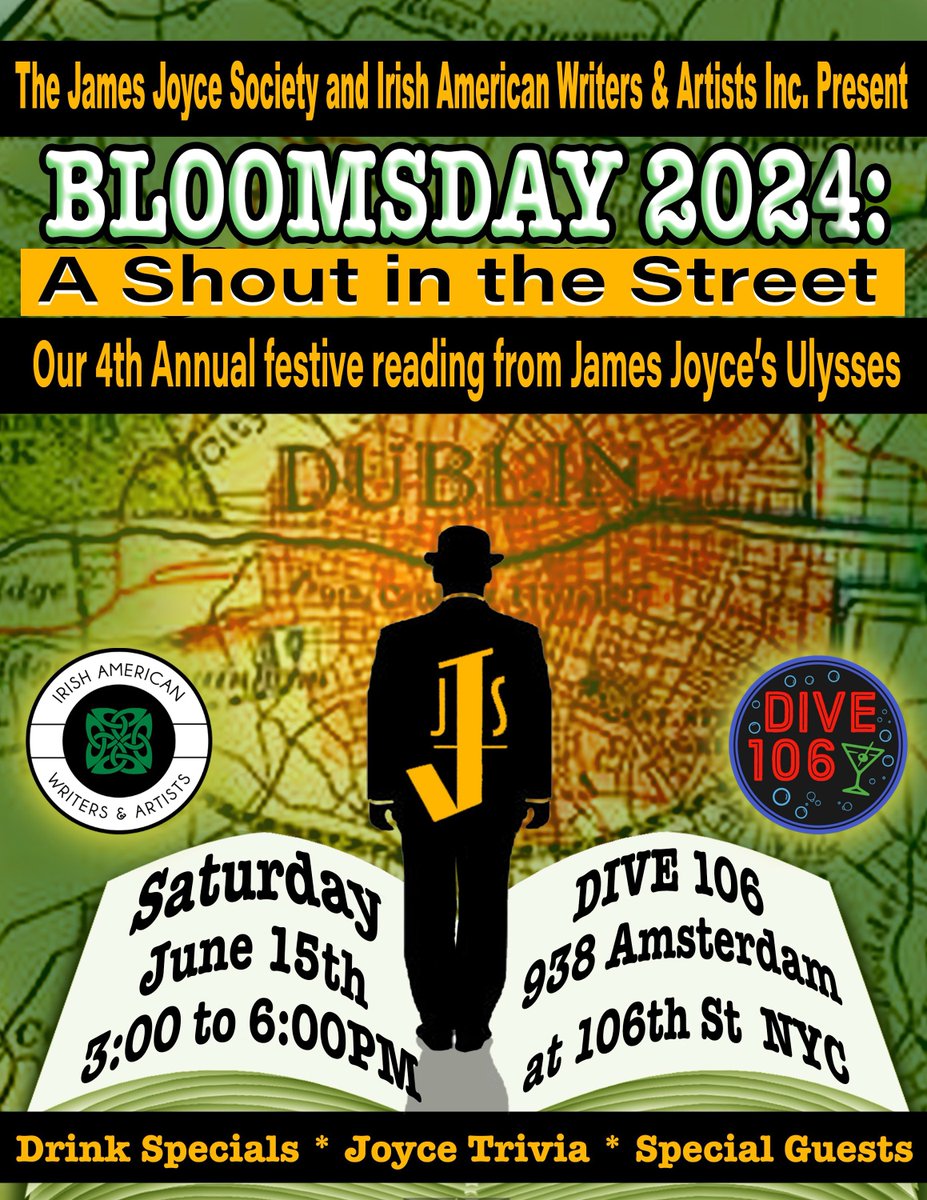 Our annual Bloomsday collabro with IAW&amp;A and Dive 106. This year, we are holding "A Shout in the Street" on Bloomsday Eve, June 15th. #jamesjoyce #bloomsday #Dive106 #IAWA