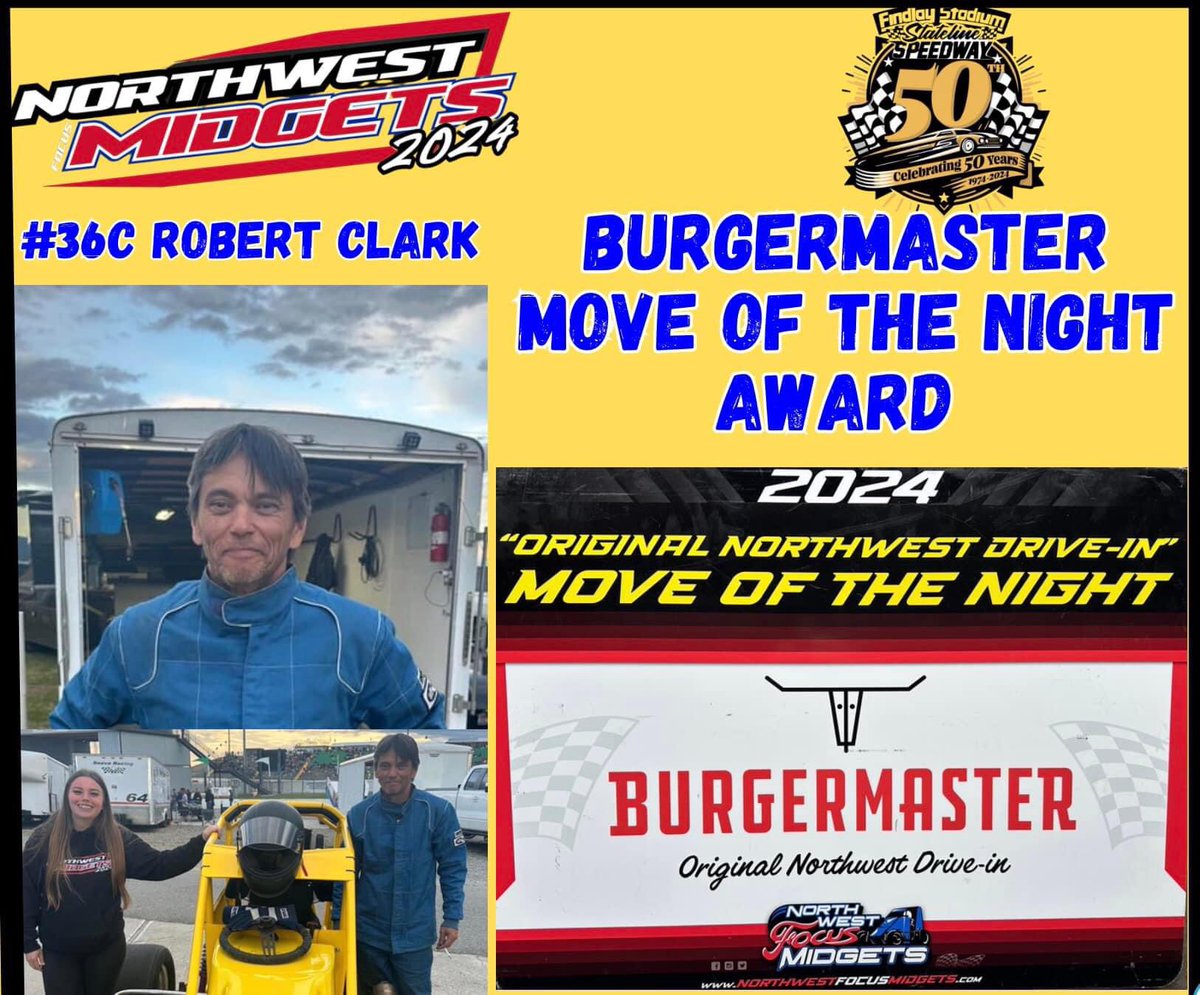 Burgermaster The “Original Northwest Drive-in” MOVE OF THE NIGHT Award went to Robert Clark #36c Saturday night at Findlay Stadium Stateline Speedway 🏁