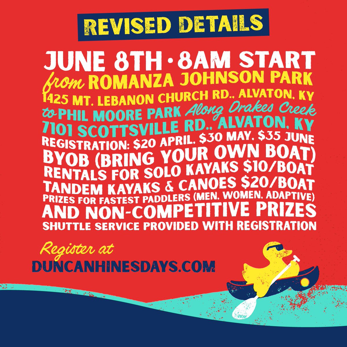 UPDATE: NEW LOCATION FOR DUCK PADDLE ON SATURDAY! Racers: you will now put in at Romanza Johnson Park and take out at Phil Moore Park. All times, amenities and offerings will be the same! <a href="/wnkytv/">WNKY News 40</a> <a href="/wbkotv/">WBKO News</a> <a href="/joeimel/">Joe Imel</a>