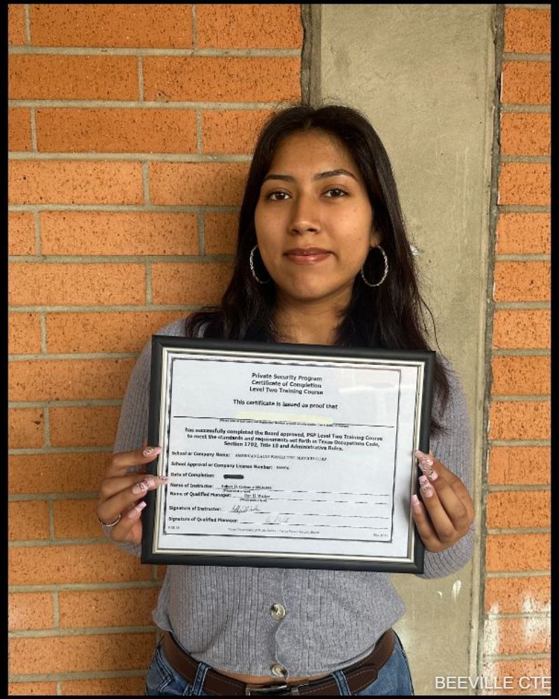 Beeville CTE Law Enforcement student Yuritzia passed the Texas Department of Public Safety Non-Commissioned Security Officer Level II industry training and exam during the 2023-24 school year!  Congratulations on your success and this important step toward your future!