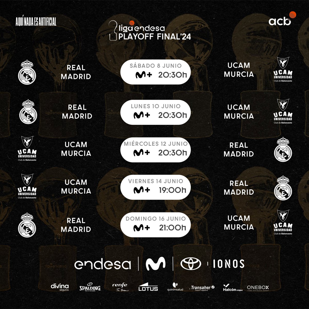 ACBCOM's tweet photo. Coge papel y boli, imprímelo, guárdatelo en el móvil... 

🗓️ Haz lo que quieras, pero toma nota de los DÍAS y HORARIOS de la FINAL del #PlayoffLigaEndesa entre @RMBaloncesto y @UCAMMurcia 

𝙀𝙇 𝙏𝙄́𝙏𝙐𝙇𝙊 𝙀𝙉 𝙅𝙐𝙀𝙂𝙊 🔥 🏆 https://t.co/z7zKHSG6R5