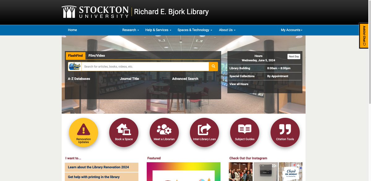 springshare's tweet photo. The Stockton University Library homepage is built using #LibGuides and features a highly customized #LibChat widget, #LibCal widgets for booking an appointment with a librarian, a 'Today's Hours' #LibCal widget, and so much more! Nicely done!
https://t.co/nlZ13PDgGl https://t.co/NoiB2CAyW7