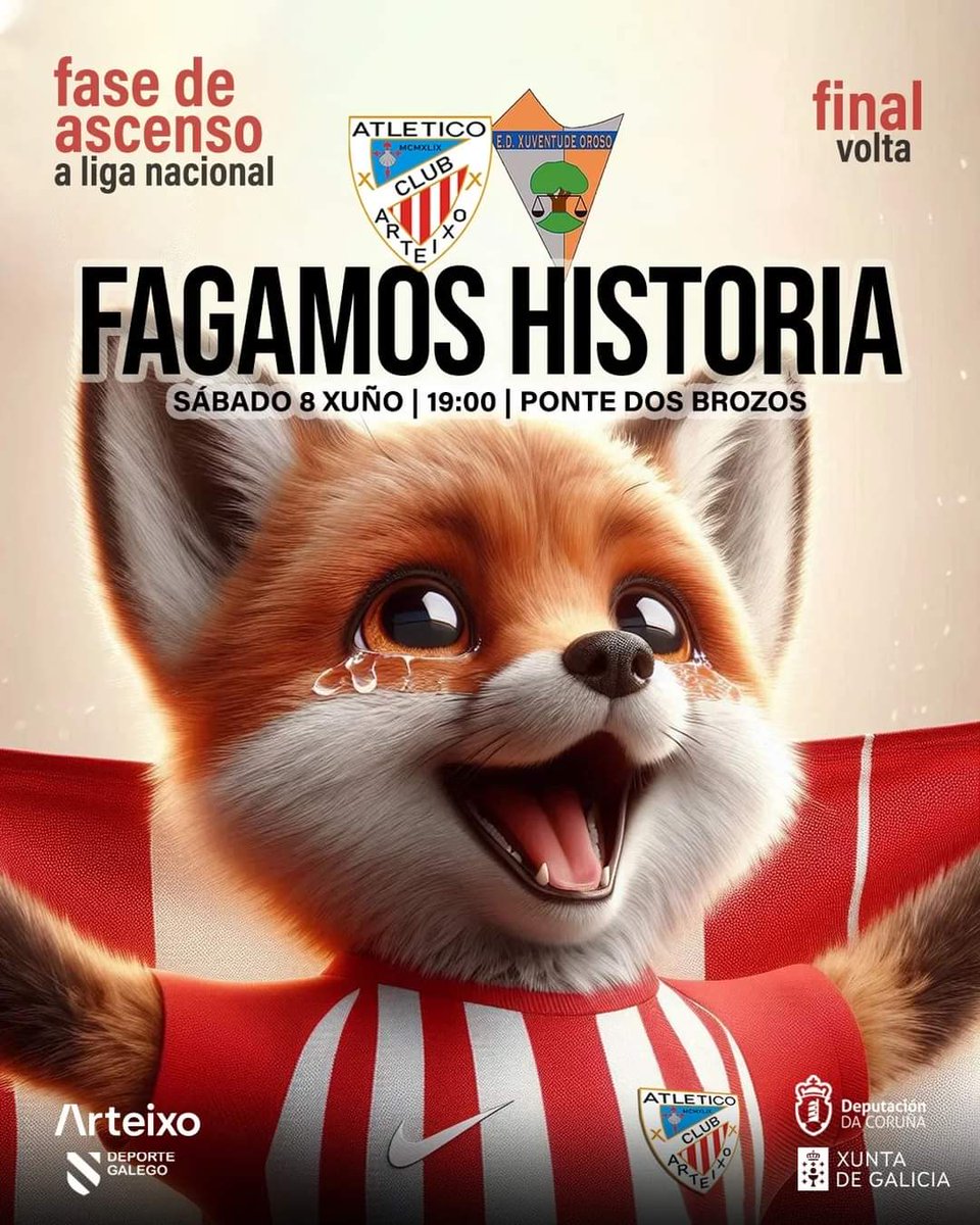 ⚡ Chegou o partido máis importante da temporada e da historia da nosa canteira, xa que nunca o xuvenil chegou á Liga Nacional e está a 90 minutos de conseguilo.

🙌 Nada que dicir, moito que loitar. Estamos con vós!! Forza, rapaces!! ❤🤍❤

#ForzaArteixo #Arteixo2324