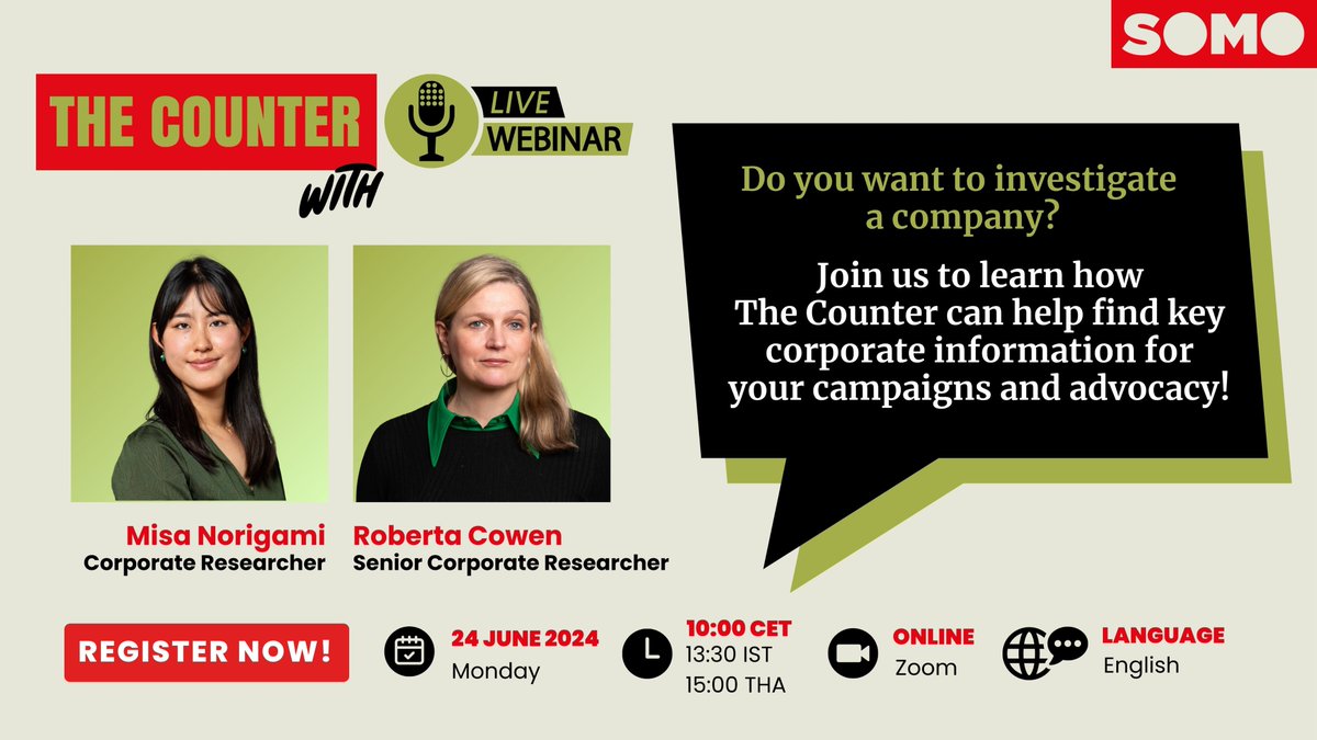 Do you want to investigate a company causing social and environmental harm? 🔍

The Counter is here to help!

Join our free webinar to learn about our pro bono corporate research service and ask your questions directly to our team. 💬

Register here➡️ bityl.co/QLmo