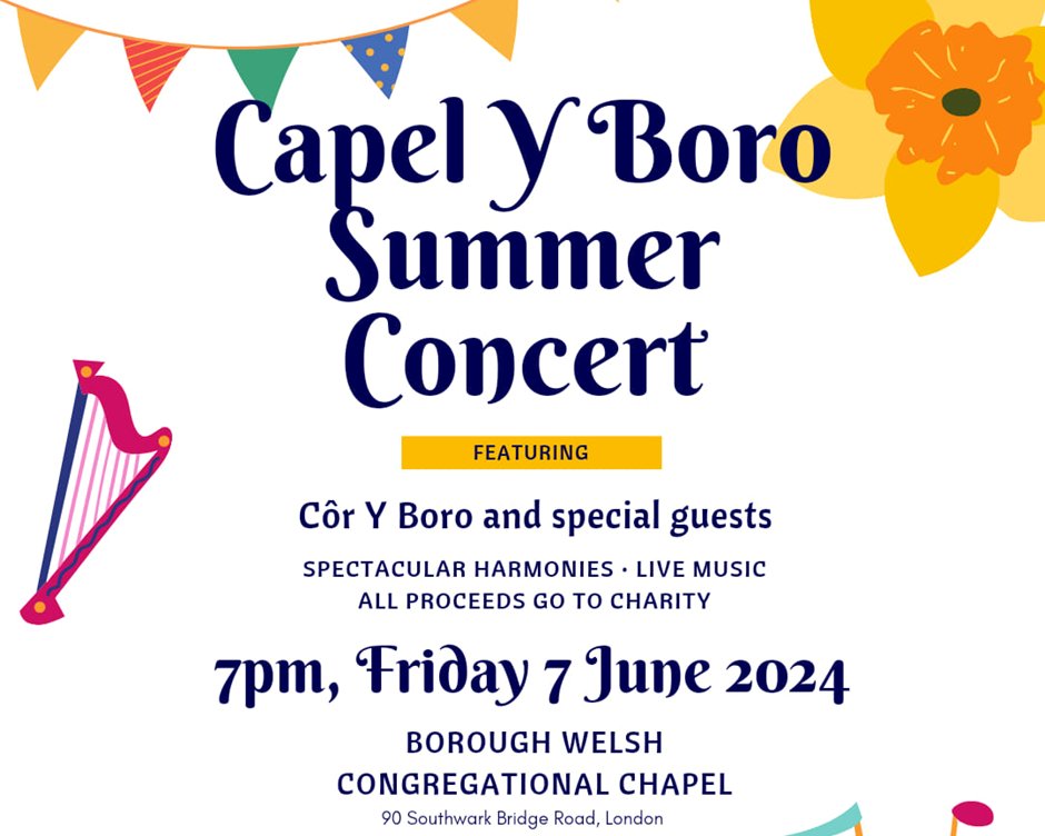 🎶✨ Don't miss Capel y Boro's Summer Concert! ✨🎶

📅 Fri, 7th June, 7pm 📍 In Chapel (refreshments included) &amp; on Zoom
🎟️ Book online: £15 (+£1.50 fee) bit.ly/boro-summer-co…💵 On the door: £20 (doors open 6:30pm)

All proceeds go to humanitarian aid in Gaza.