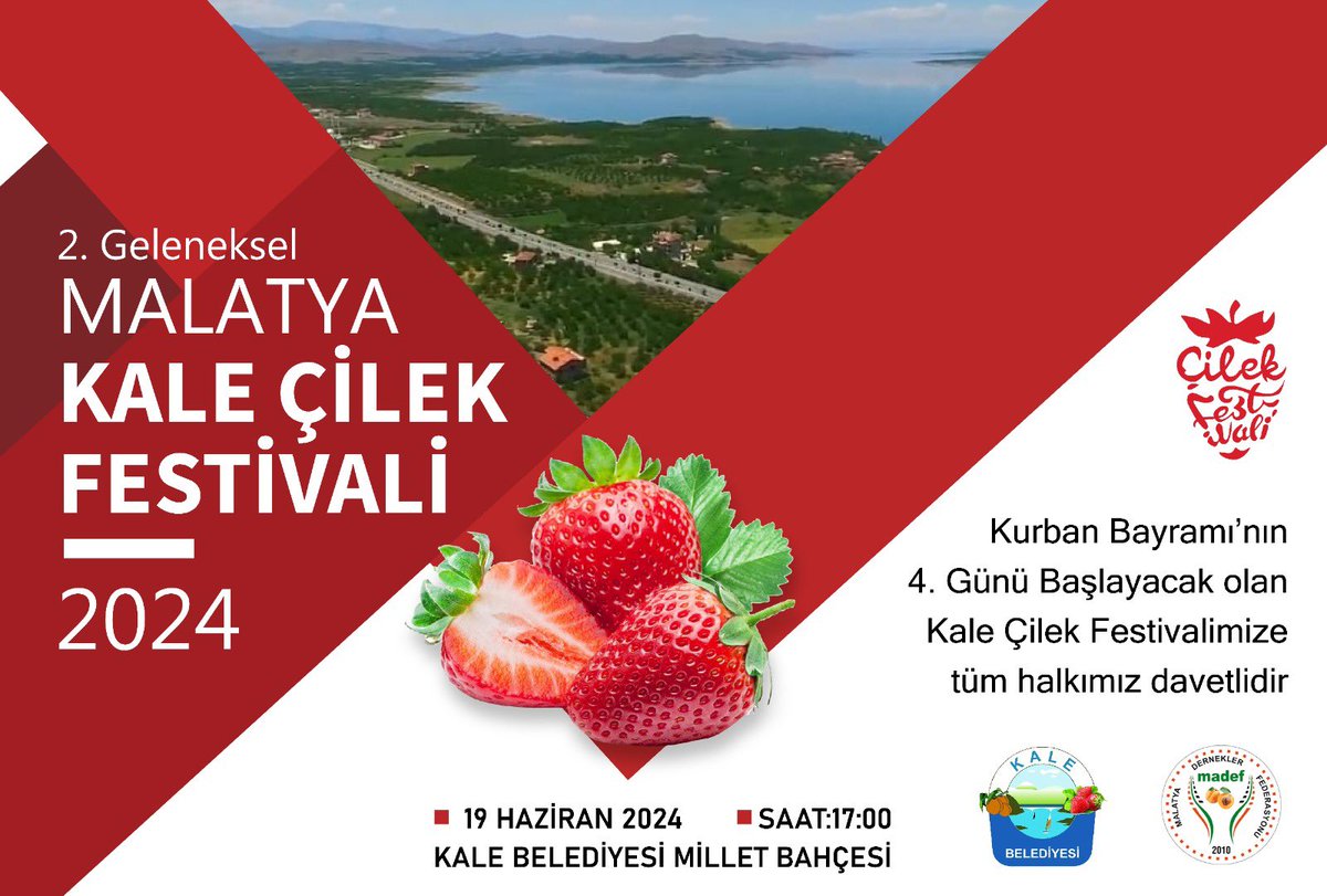 (Madef) Malatya Dernekler Federasyonu ve Kale Derneklerimizle birlikte organize etiğimiz 19.07.2024 Bayramın 4.günü saat:17.00’de Kale Belediyesi yanı Millet Bahçesinde düzenleyeceğimiz Malatya Kale Çilek Festivaline tüm halkımız davetlidir.