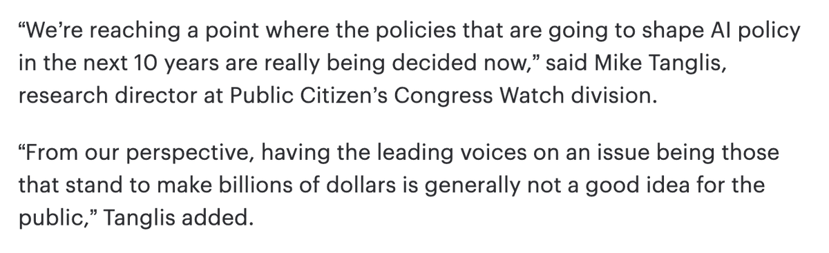 FLI_org's tweet photo. U.S. lobbying on AI "exploded" in 2023, increasing 120% just from 2022, according to @Public_Citizen.

85% of lobbyists working on AI in DC this past year were hired by corporations or corporate-aligned trade groups, with Big Tech directing significant resources towards avoiding meaningful regulation & basic guardrails, despite many of them admitting AI's risks.

As @MichaelTanglis told @TheHill, letting the AI industry regulate itself is a mistake we can't afford to make.