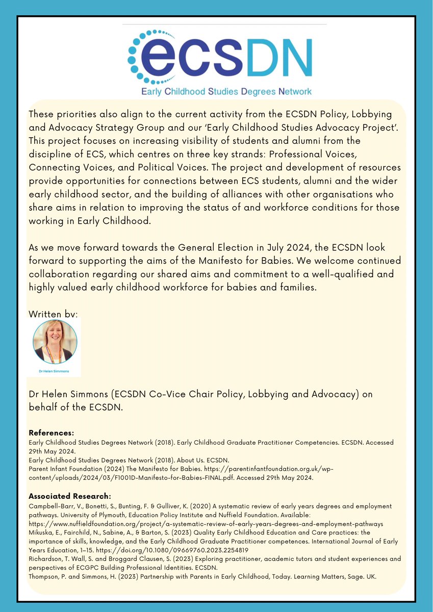 Early Childhood Studies Degrees Network #ECSDN (@ecsdnetwork) on Twitter photo <a href="/helensimmonslj/">Dr Helen Simmons</a> our Co Vice Chair for Policy, Lobbying and Advocacy has written a response from the ECSDN for the Manifesto for Babies. Read the ECSDN response below 👇🏻. <a href="/first1001days/">First 1001 Days</a> <a href="/NDNAtalk/">NDNA</a> <a href="/NurseryWorld/">Nursery World</a> <a href="/_CREC/">CREC</a>
#ECSDN #Babies #Manifesto #ECS #TeamEC #EY #EarlyYears <a href="/helensimmonslj/">Dr Helen Simmons</a> our Co Vice Chair for Policy, Lobbying and Advocacy has written a response from the ECSDN for the Manifesto for Babies. Read the ECSDN response below 👇🏻. <a href="/first1001days/">First 1001 Days</a> <a href="/NDNAtalk/">NDNA</a> <a href="/NurseryWorld/">Nursery World</a> <a href="/_CREC/">CREC</a>
#ECSDN #Babies #Manifesto #ECS #TeamEC #EY #EarlyYears