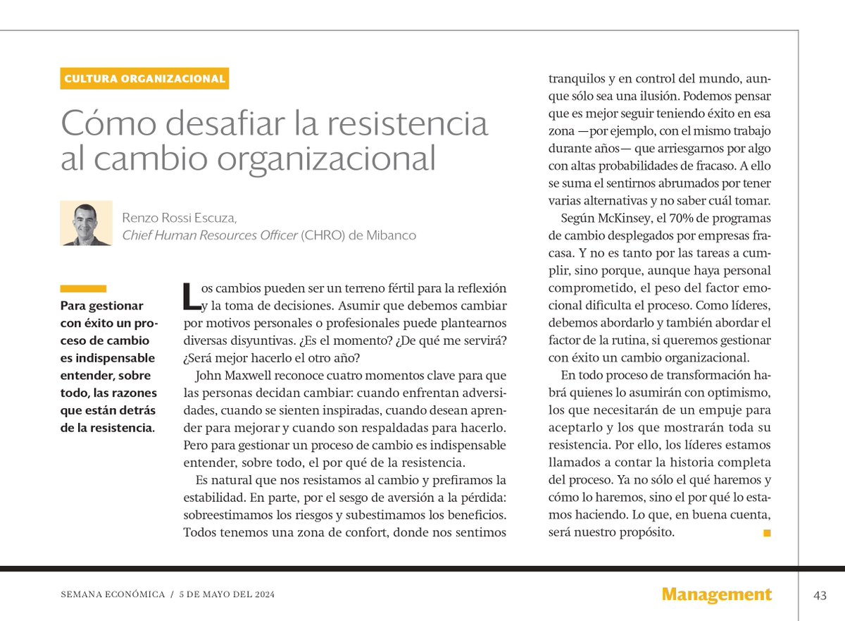 Altamaro's tweet image. Es natural que nos resistamos al cambio y prefiramos la estabilidad. Renzo Rossi, nos comparte esta reflexión en su columna de Semana Económica. Revísala aquí