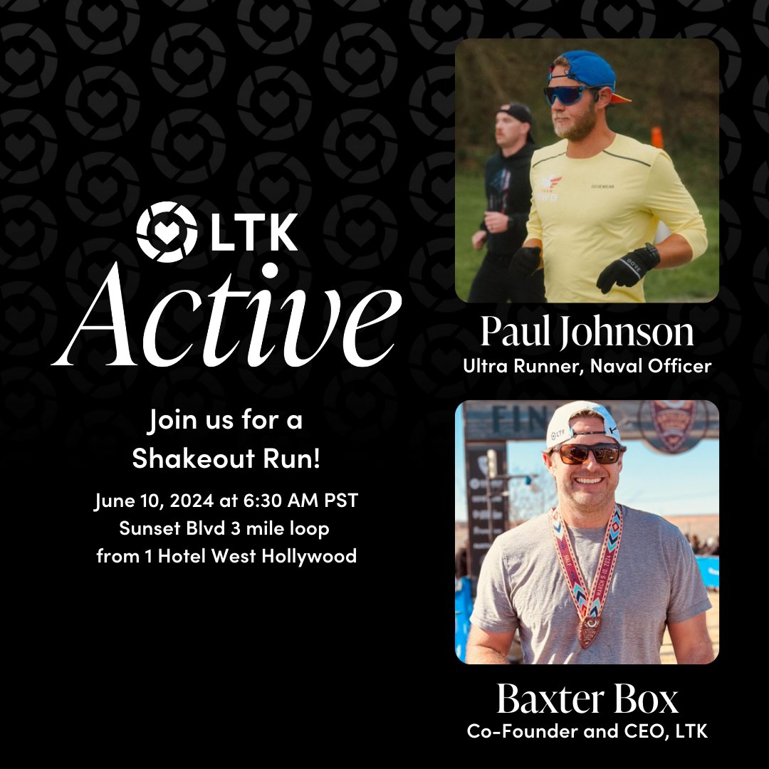 shopLTK's tweet image. LA runners! 🏃🏽 Join us next week for a #ShakeoutRun ahead of the #LTKActive event! Run alongside #Ultramarathon #Runner and Naval Officer Paul Johnson, and LTK Co-founder and CEO @baxterbox. We can't wait to see you there! #LTK #running #active