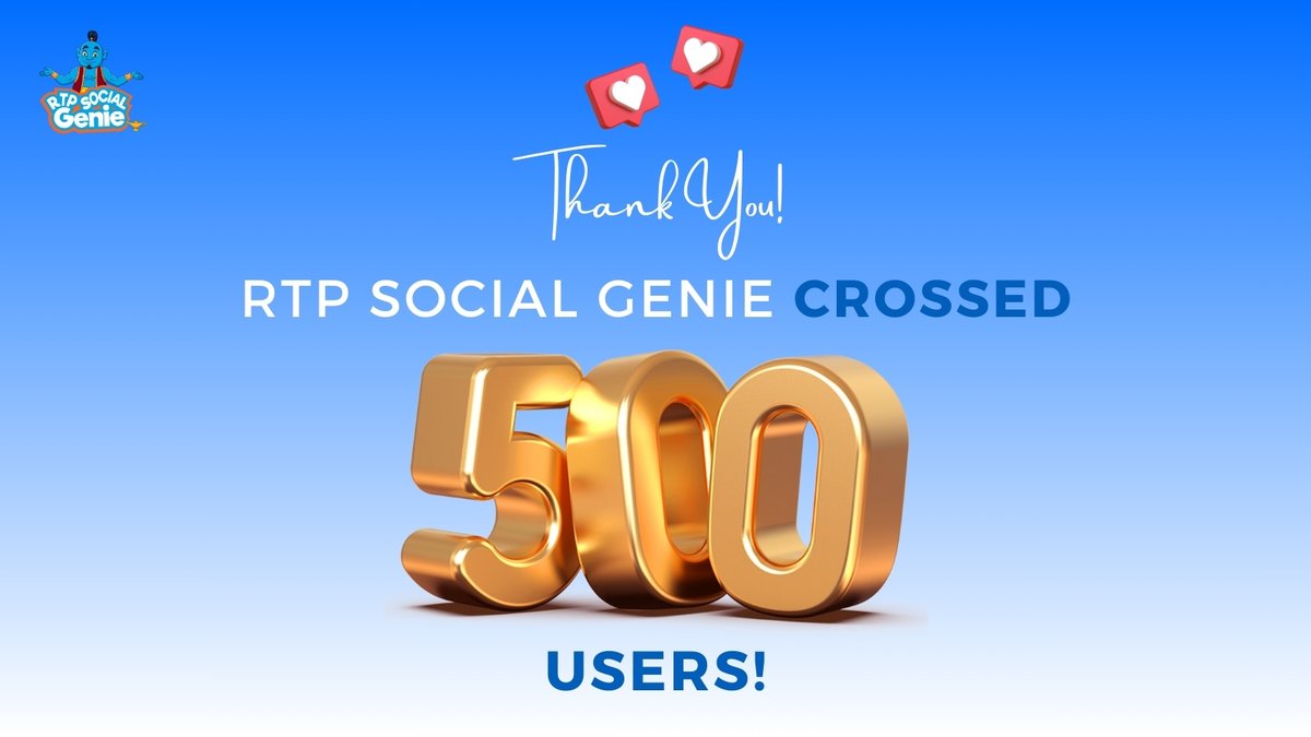 RtpSocialGenie's tweet photo. 500 users and counting! Thanks to all our amazing supporters for making RTP Social Genie soar. 

Explore our AI magic today: https://t.co/ZAUfW9CpzE  
#RTPSocialGenie https://t.co/8MfqVv3LFW