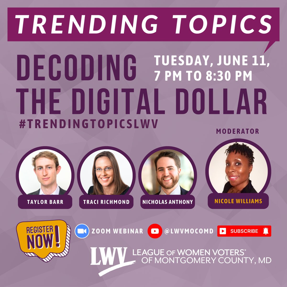 Hey MoCo Voters, Interested in learning how a #digitaldollar could effect our #democracy and what the latest legislative moves are? Register now! 
Visit: bit.ly/TT_June_Regist…

<a href="/taylorjbarr/">Taylor Barr</a> <a href="/DigitalChamber/">The Digital Chamber</a> <a href="/EconWithNick/">Nick Anthony</a> <a href="/CatoInstitute/">Cato Institute</a> <a href="/CatoCMFA/">Cato CMFA</a> <a href="/mymcmedia/">Montgomery Community Media</a> <a href="/MMCTV16/">Montgomery Municipal Cable (MMC-TV)</a> #CBDC #LWV